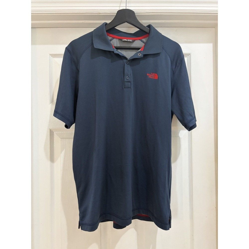 The North Face Men's Blue Red Logo Short Sleeve Performance Polo Shirt Size M